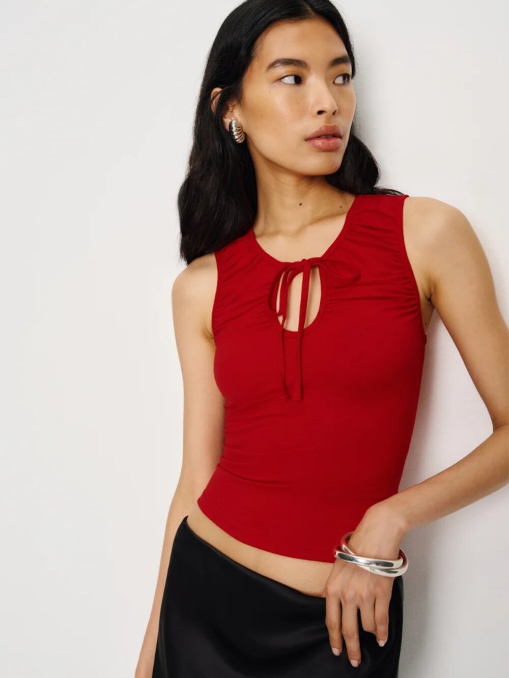 reformation bella knit top red ruched tie front sleeveless
